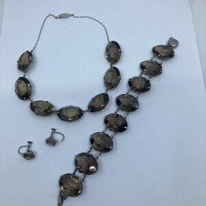 Vtg 1950 JAPAN sterling silver smoky topaz piece earrings bracelet necklace set